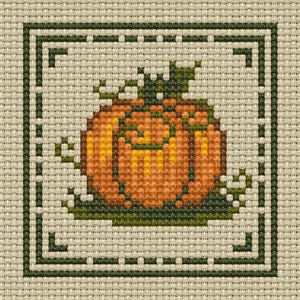 May include: Cross-stitch design of a pumpkin in orange and yellow, with green leaves and vines. The pumpkin is set against a beige background and framed by a dark green border, evoking a harvest theme.