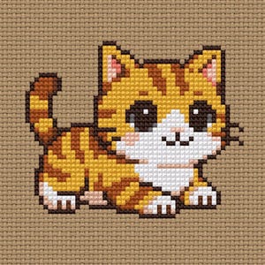 Może przedstawiać: Uroczy rysunek animowany przedstawiający brązowo-żółtego kota pręgowanego z białym futrem na klatce piersiowej i brzuchu. Kot ma duże, okrągłe oczy i mały, różowy nos.