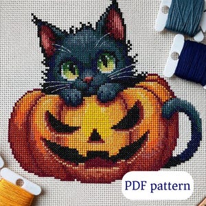 Könnte beinhalten: Kreuzstichmuster mit einer schwarzen Katze mit grünen Augen, die aus einem geschnitzten orangefarbenen Kürbis herausschaut. Das Design befindet sich auf weißem Stoff, der in einem Holzrahmen gespannt ist. Der Text "PDF pattern" ist sichtbar. Garnrollen im Hintergrund.
