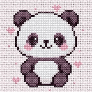 May include: A cross-stitch design of a panda bear with black and white fur, pink cheeks, and small pink star accents. The panda is sitting upright, with its arms and legs visible. The background is a light pink fabric.