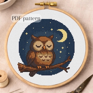 Owl Under the Moon – Easy Cross Stitch Pattern for Beginners, No Backstitch, Instant PDF Download