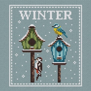 May include: Cross-stitch design showing two birdhouses and a woodpecker. The word "WINTER" is stitched across the top. One birdhouse is green, the other is blue, and a blue and yellow bird sits on the blue birdhouse. Snowflakes are scattered around the birdhouses.