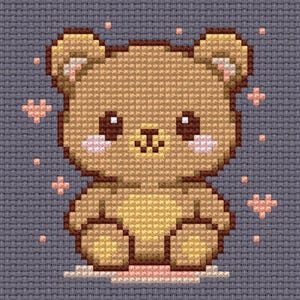 Peut inclure: Motif de point de croix d'un ours en peluche mignon avec un corps brun clair, des oreilles beiges et un ventre jaune. L'ours a des yeux marron foncé et des joues roses. Des accents roses en forme d'étoile entourent l'ours sur un fond gris.