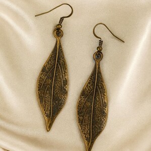 Long Leaf Earrings: Boho Ethnic Bronze Dangle Jewelry