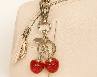 Red Cherry Keychain: Sparkling Resin & Silver Bag Charm