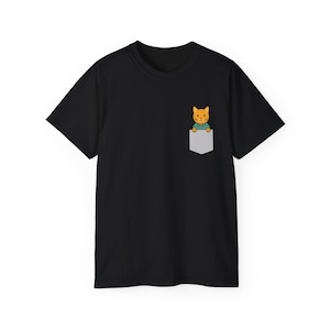 Funny Orange Cat Pocket T-Shirt - Cute Tabby Kitten Tee, Cartoon Animal Shirt - Unisex Cat Lover Gift