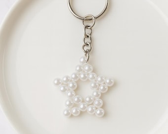 Handmade Pearl Beaded Star Keychain – Bag Charm, Minimalist & Elegant Accessory