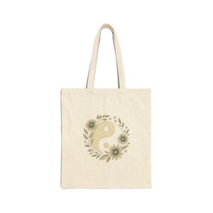 Yin Yang Floral Cotton Canvas Tote Bag, Eco-Friendly Shopping Bag, Boho Style, Gift for Her, Sustainable Tote, Everyday Carryall