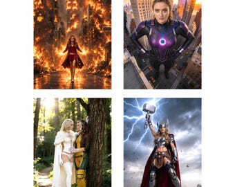 Conjunto de 4 impressões fotográficas originais em formato A4 com obras de arte de super-heróis e supervilões do MCU.
