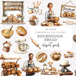 Enorme zuurdesembrood clipartbundel – aquarel bakkerijillustraties, ambachtelijke broden, rustieke mixers, bakkers en keukenelementen - 92 png
