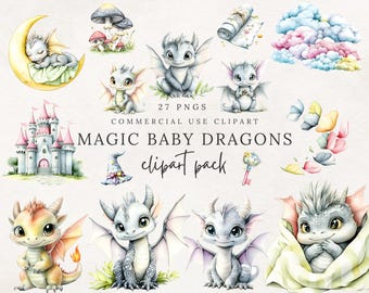 Magical Baby Dragons Clip Art – Whimsical Fantasy Watercolor Illustrations for Baby Showers, Storybooks, Nursery Decor & More!