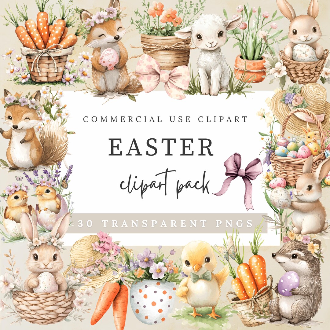 Easter Clipart Bundle, Watercolor Cute Bunny, Spring Woodland Animals ...