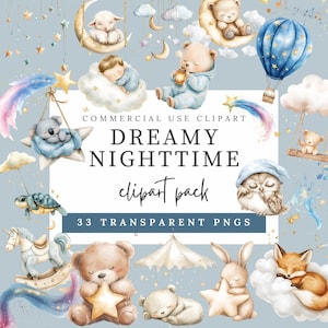 Dromerige nacht aquarel clip art bundel – slapende maan, wolken, sterren, heteluchtballon, babydieren – babyshower, kinderkamer, hemels