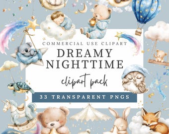 May include: A set of 33 watercolor illustrations featuring cute animals, stars, moons, and clouds. The illustrations are perfect for creating baby shower invitations, nursery decor, or other projects. The illustrations are available as transparent PNG files.