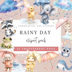 Dreamy Rainy Day Baby Shower Clip Art - Guarda-chuvas de aquarela, botas de chuva, nuvens, gotas de chuva e arco-íris pastel PNG