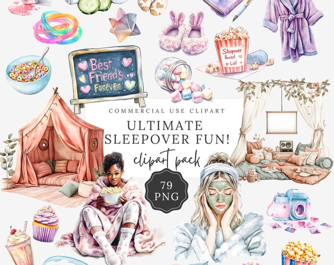 Slumber Party Clipart, Sleepover Tents, Movie Night, Pajama Party, Card ...