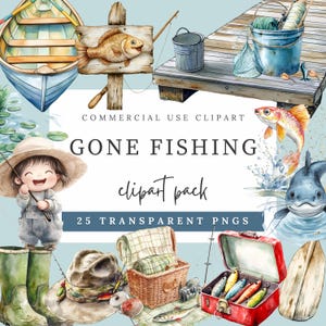 Lot de cliparts de pêche à l'aquarelle - Enfants mignons qui pêchent, poissons, cannes, leurres et éléments d'extérieur fantaisistes