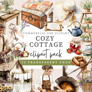 Paquete de imágenes prediseñadas de sueños de cabañas acogedoras: acuarela, estética vintage, flores rústicas, té, libros y decoración cottagecore