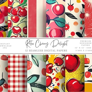 May include: Twelve digital papers featuring retro cherry designs. The papers are seamless and come in a variety of colors and patterns, including red, yellow, white, and green. The papers are perfect for scrapbooking, card making, and other craft projects.