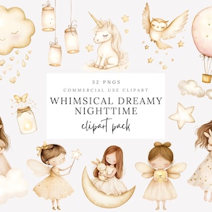 May include: A set of 32 whimsical, dreamy nighttime clipart images in PNG format. The clipart includes a unicorn, a cloud, a hot air balloon, an owl, stars, fairies, and jars with glowing lights. The clipart is perfect for creating invitations, cards, scrapbook pages, and other creative projects.