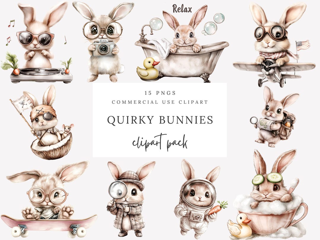Quirky Watercolor Bunny Clip Art Bundle - Fun & Whimsical Rabbits in ...