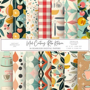 Puede incluir: Un conjunto de 14 diseños de papel digital con temas de cocina retro. Los papeles incluyen patrones de cerezas, limones, peras, utensilios de cocina, patrones a cuadros y diseños geométricos en una paleta de colores de mediados de siglo. Los papeles miden 30,5 cm por 30,5 cm y 300 DPI.