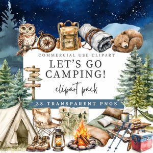 Let's Go Camping Clip Art Bundel – Aquarel tenten, kampvuren, wandeluitrusting, bosdieren en buitenavontuur graphics