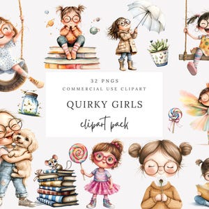 Quirky Girls Whimsical Watercolor Clip Art Bundle – Magische Objekte, niedliche Illustrationen für Kunsthandwerk & Branding - 32 PNGs, 300 DPI