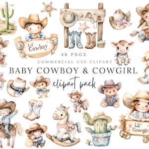 Babycowboy en cowgirl clip art bundel - westerse kinderkamer aquarel graphics, schattige baby rodeo-elementen, boerderijdieren, laarzen, hoeden - 48 png PNGEgg