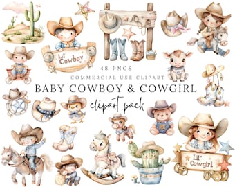 Baby Cowboy and Cowgirl Clip Art Bundle - Western Nursery Watercolor Graphics, Cute Baby Rodeo Elements, Farm Animals, Boots, Hats - 48 PNGS