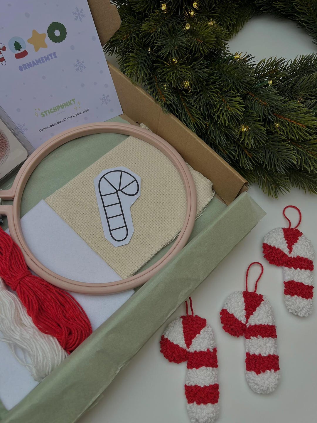 Punch Needle Ornament Kit "candy Cane" | Christmas DIY Set (3-piece Set ...