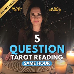 May include: A tarot reading service featuring a person behind a fan of tarot cards, lit candles, and text that reads 5 QUESTION TAROT READING SAME HOUR, RELIABLE SELLER, 40.000+ SALES, and 6.500+ REVIEWS against a dark celestial background.