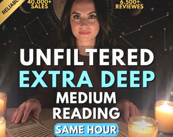May include: A person with dark hair sits behind a table with a fanned-out deck of tarot cards and three lit candles. Text overlays read: RELIABLE SELLER, 40,000+ SALES, 6,500+ REVIEWS, UNFILTERED EXTRA DEEP MEDIUM READING, and SAME HOUR.