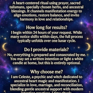 Puede incluir: Gr&aacute;fico digital con un fondo estrellado azul oscuro y p&uacute;rpura. El texto "Q&A: Candle Work by Celeste" est&aacute; en la parte superior. La imagen proporciona informaci&oacute;n sobre los rituales de trabajo con velas, incluyendo qu&eacute; es, cu&aacute;nto tiempo tardan los resultados y por qu&eacute; elegir a Celeste.