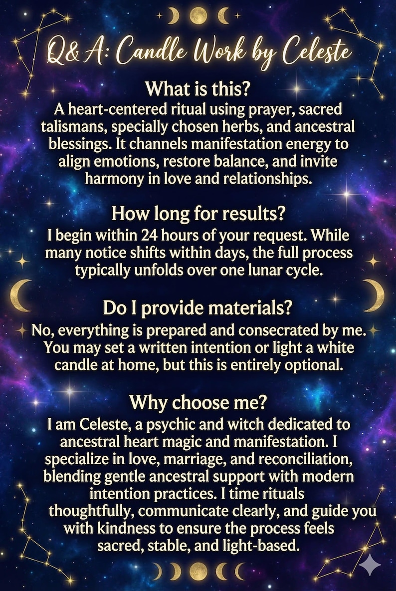 Puede incluir: Gr&aacute;fico digital con un fondo estrellado azul oscuro y p&uacute;rpura. El texto "Q&A: Candle Work by Celeste" est&aacute; en la parte superior. La imagen proporciona informaci&oacute;n sobre los rituales de trabajo con velas, incluyendo qu&eacute; es, cu&aacute;nto tiempo tardan los resultados y por qu&eacute; elegir a Celeste.