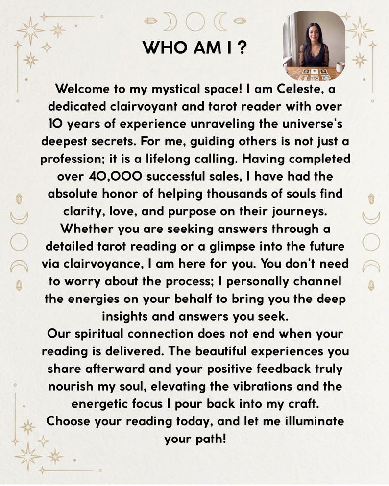 May include: A white informational card with black text titled WHO AM I? featuring a small circular photograph of a person at a table with tarot cards. The border is decorated with gold celestial icons including moons and stars on a cream background.