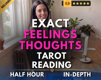 Peut inclure: Un graphique numérique pour un service de lecture de tarot avec le texte EXACT FEELINGS THOUGHTS TAROT READING, HALF HOUR, IN-DEPTH, 6.500+REVIEWSES et 40.000+ SALES. Une icône de note 5.0 étoiles et une bannière RELIABLE SELLER sont affichées.