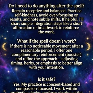 Puede incluir: Gr&aacute;fico de tem&aacute;tica celestial con texto sobre el trabajo con velas de Celeste. El texto aborda las acciones posteriores al hechizo, el fracaso del hechizo y la seguridad, sobre un fondo estrellado p&uacute;rpura y azul con ilustraciones de luna creciente y estrellas.