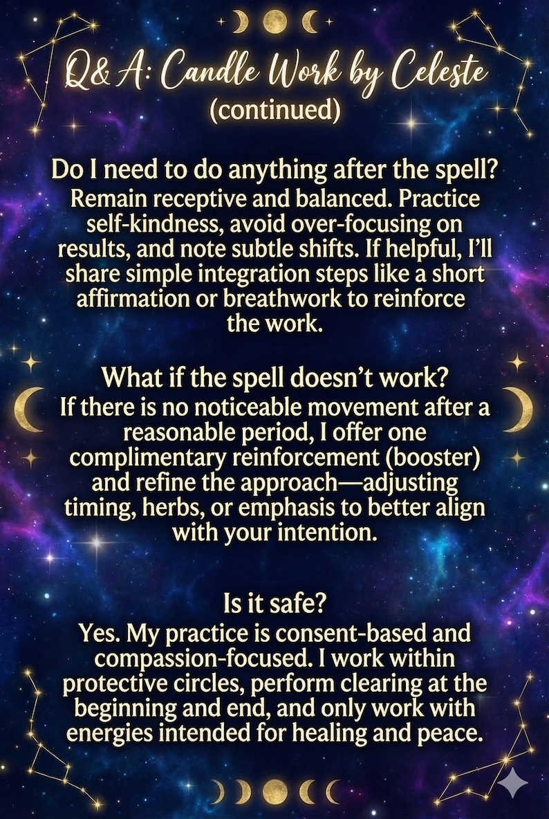 Puede incluir: Gr&aacute;fico de tem&aacute;tica celestial con texto sobre el trabajo con velas de Celeste. El texto aborda las acciones posteriores al hechizo, el fracaso del hechizo y la seguridad, sobre un fondo estrellado p&uacute;rpura y azul con ilustraciones de luna creciente y estrellas.