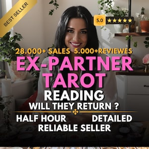 Könnte beinhalten: Werbebild für Tarotkartenlesungen. Der Text enthält "EX-PARTNER TAROT READING" und "WILL THEY RETURN?" mit einem "BEST SELLER" Banner und einer 5-Sterne-Bewertung. Das Bild zeigt eine lächelnde Person mit dunklem Haar.