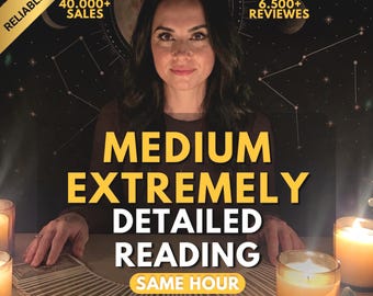 May include: A person sits behind a table with a spread of tarot cards and lit candles. Text overlays read RELIABLE SELLER, 40.000+ SALES, 6.500+ REVIEWS, MEDIUM EXTREMELY DETAILED READING, and SAME HOUR, set against a dark background with celestial patterns.