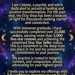 Puede incluir: Gr&aacute;fico digital con fondo azul oscuro, elementos celestiales y texto. El texto dice "Welcome to Celeste's Sanctuary" y describe a una ps&iacute;quica y bruja que ofrece gu&iacute;a y curaci&oacute;n.
