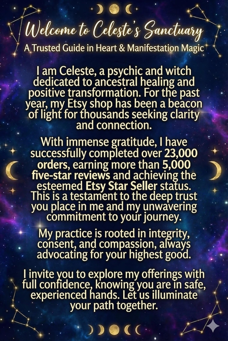 Puede incluir: Gr&aacute;fico digital con fondo azul oscuro, elementos celestiales y texto. El texto dice "Welcome to Celeste's Sanctuary" y describe a una ps&iacute;quica y bruja que ofrece gu&iacute;a y curaci&oacute;n.
