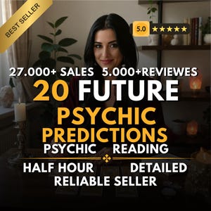 Könnte beinhalten: Werbebild für Wahrsagungen. Der Text enthält "Bestseller", "27.000+ Verkäufe", "5.000+ Bewertungen" und "20 Zukünftige Psychische Vorhersagen". Zusätzlicher Text erwähnt "Psychische Lesung", "Halbe Stunde", "Detailliert" und "Zuverlässiger Verkäufer".