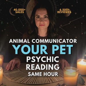 May include: A person sits behind a table with a fan of tarot cards and lit candles. Text reads: 40.000+ SALES, 6.500+ REVIEWS, ANIMAL COMMUNICATOR YOUR PET PSYCHIC READING SAME HOUR. The background features a dark celestial design with moons and stars.