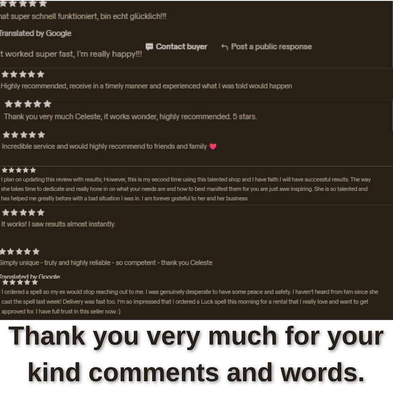 Puede incluir: Captura de pantalla de rese&ntilde;as de clientes con valoraciones de cinco estrellas y comentarios positivos. Las rese&ntilde;as expresan satisfacci&oacute;n con el servicio, mencionando resultados r&aacute;pidos y altas recomendaciones. El texto en la parte inferior dice: "Thank you very much for your kind comments and words."