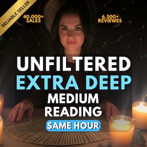 May include: A person sits behind a fan of tarot cards with candles in the foreground. Text overlays read: RELIABLE SELLER, 40.000+ SALES, 6.500+ REVIEWS, UNFILTERED EXTRA DEEP MEDIUM READING, and SAME HOUR. The background features a dark celestial design.