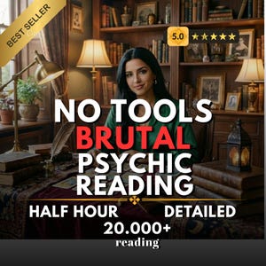 Può includere: Un'immagine che promuove letture psichiche. Il testo recita "NO TOOLS BRUTAL PSYCHIC READING" in grandi lettere bianche e rosse. Il testo aggiuntivo include "HALF HOUR DETAILED" e "20.000+ reading". Una donna è al centro dell'immagine, con una libreria e delle lampade sullo sfondo.