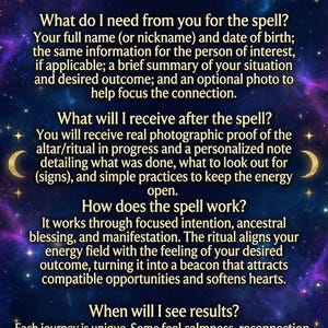 Puede incluir: Gr&aacute;fico digital con un fondo de galaxia azul oscuro y p&uacute;rpura. El texto en blanco y dorado dice "Q&A: Candle Work by Celeste (continuaci&oacute;n)" y detalla el hechizo, incluyendo lo que se necesita y qu&eacute; esperar.