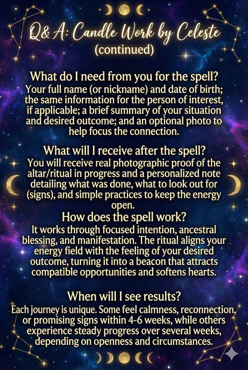 Puede incluir: Gr&aacute;fico digital con un fondo de galaxia azul oscuro y p&uacute;rpura. El texto en blanco y dorado dice "Q&A: Candle Work by Celeste (continuaci&oacute;n)" y detalla el hechizo, incluyendo lo que se necesita y qu&eacute; esperar.
